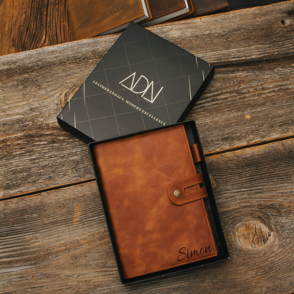 Leather journal engraved with the name Simon in an ADN Leather gift box
