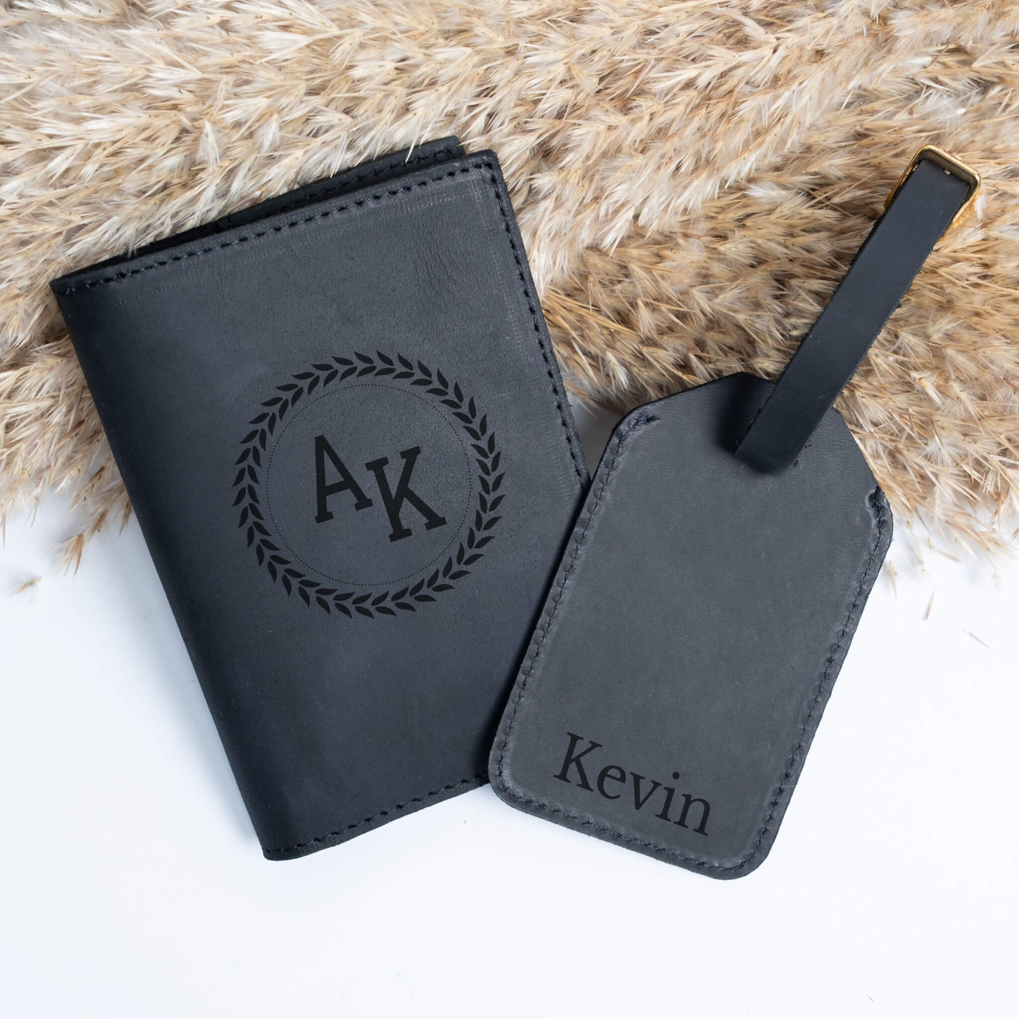 Leather passport cover and luggage tag set