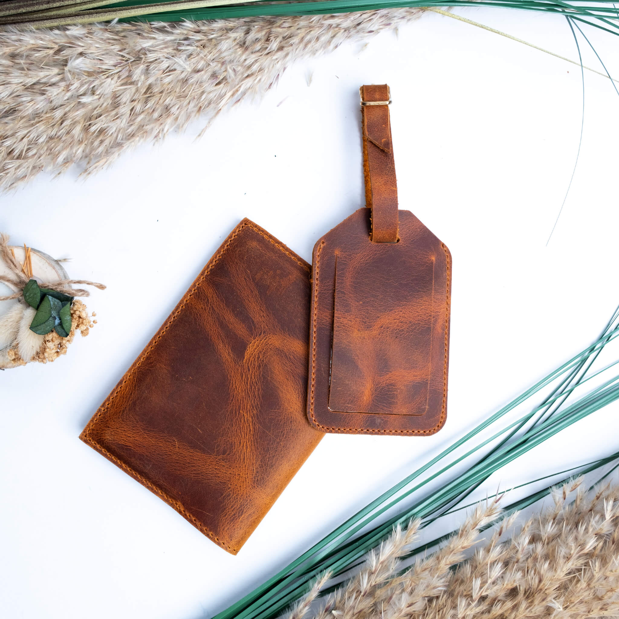 Leather passport cover and luggage tag set