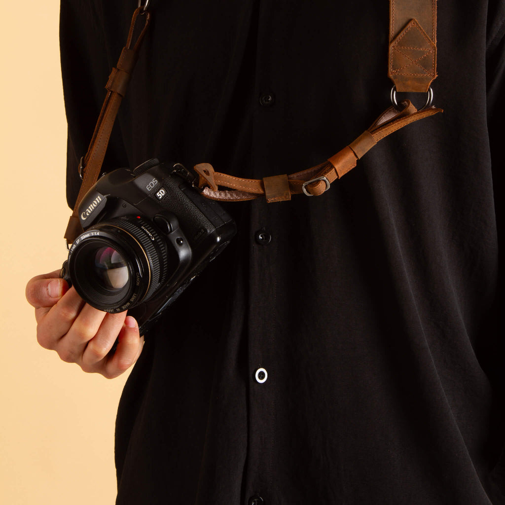 Brown leather camera strap