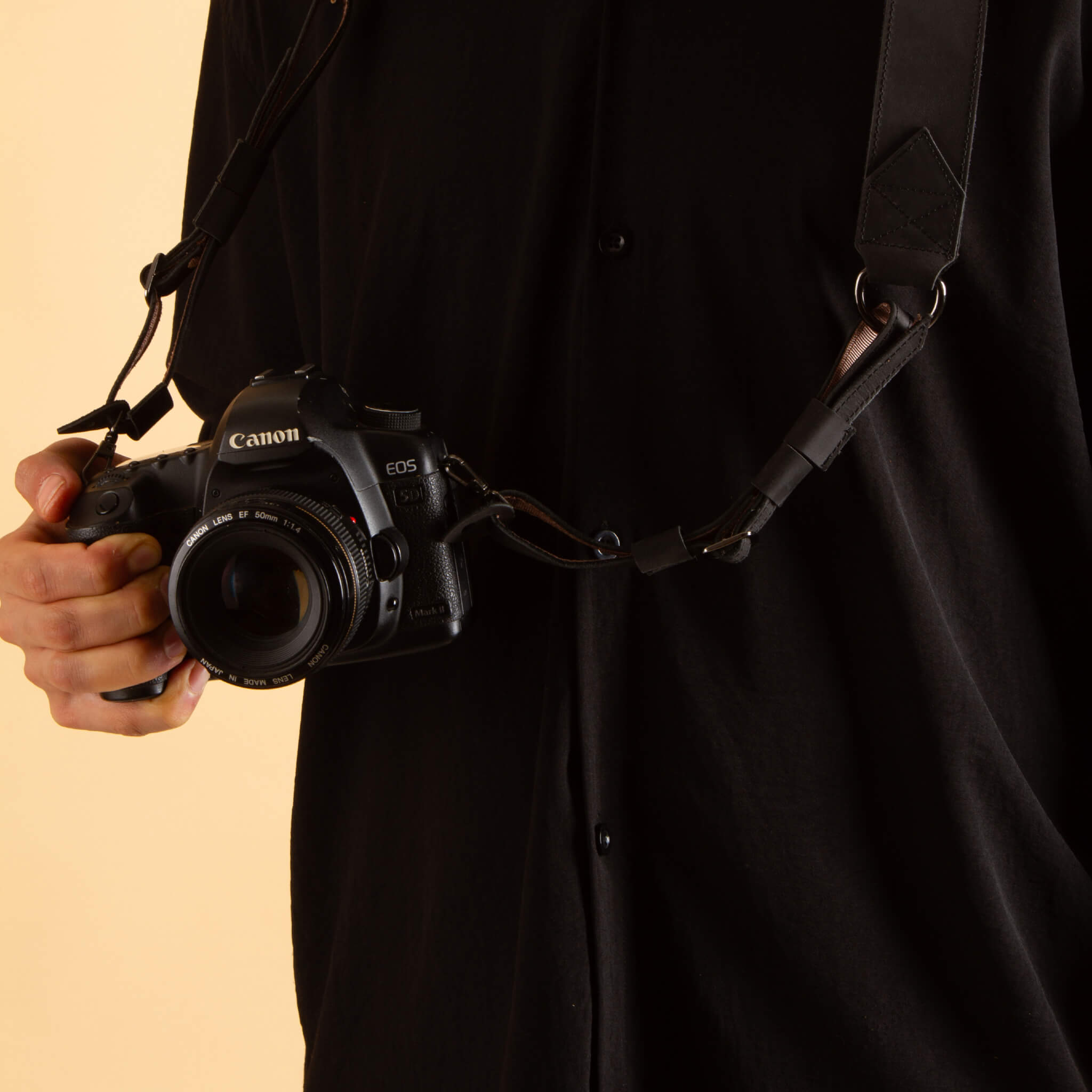 Black leather camera strap