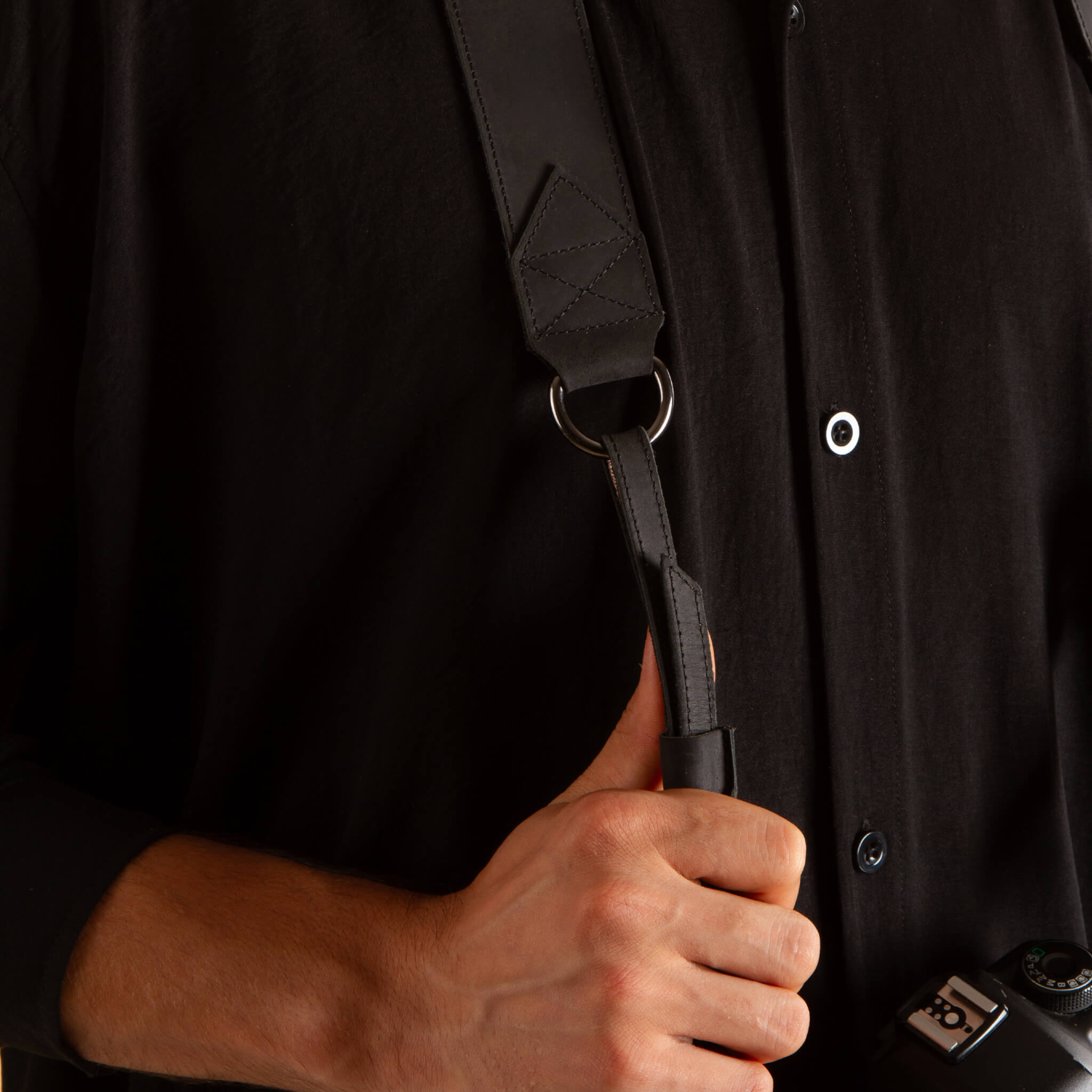 Black leather camera strap