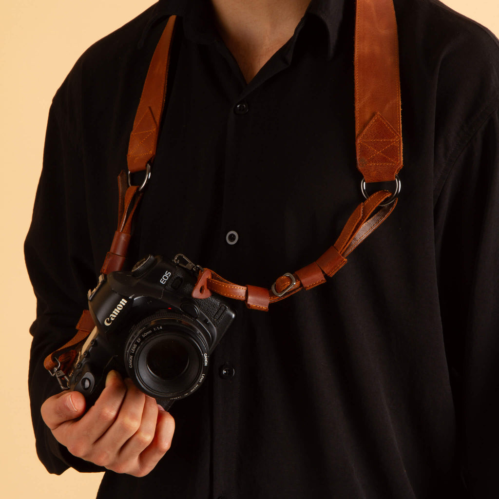 Brown leather camera strap