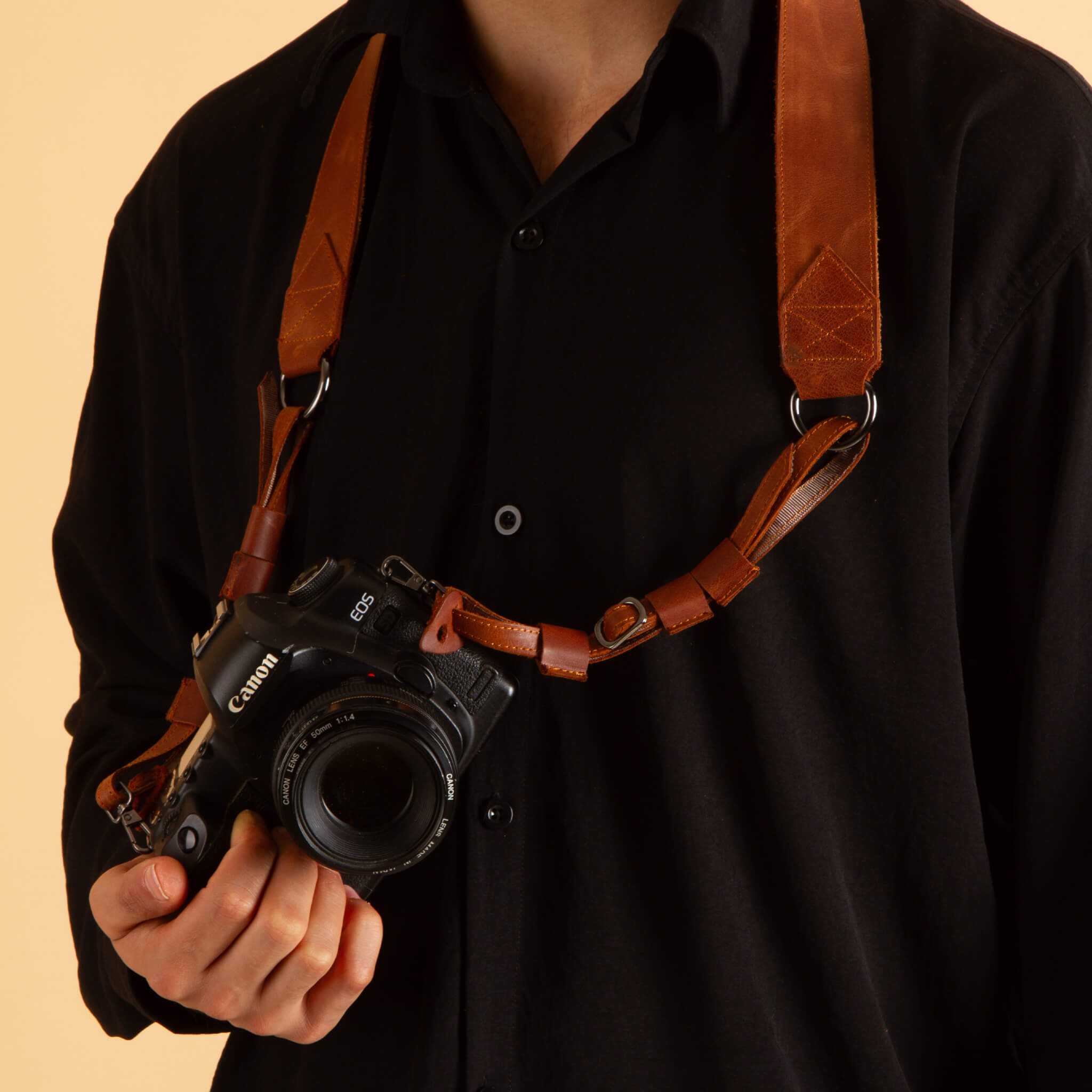 Brown leather camera strap