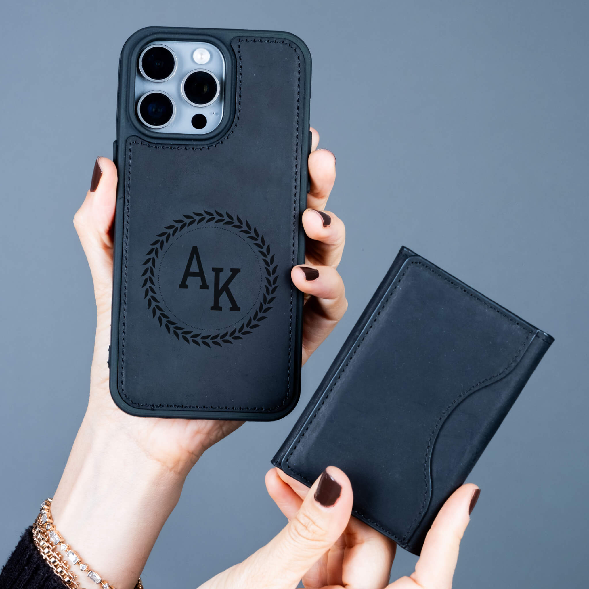 Black leather phone case with a wallet