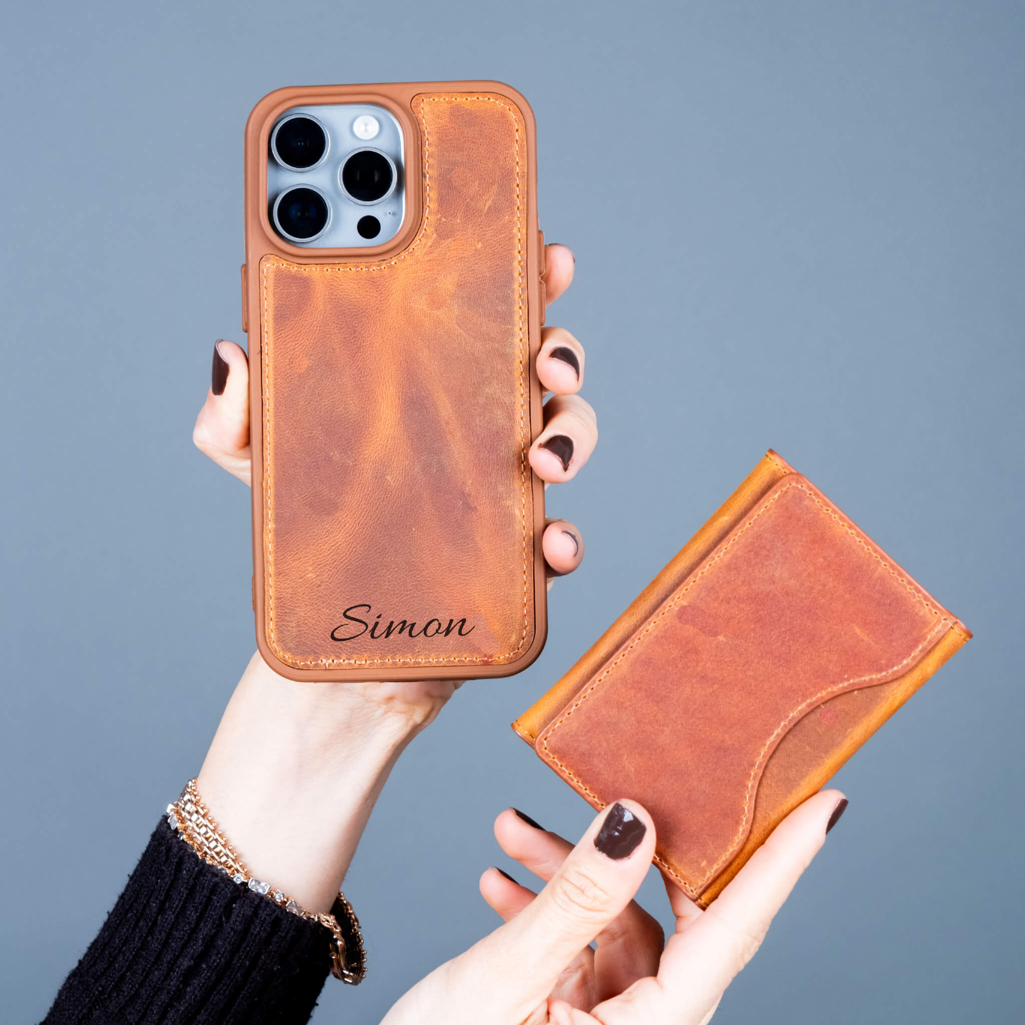 Light brown leather phone case with a wallet