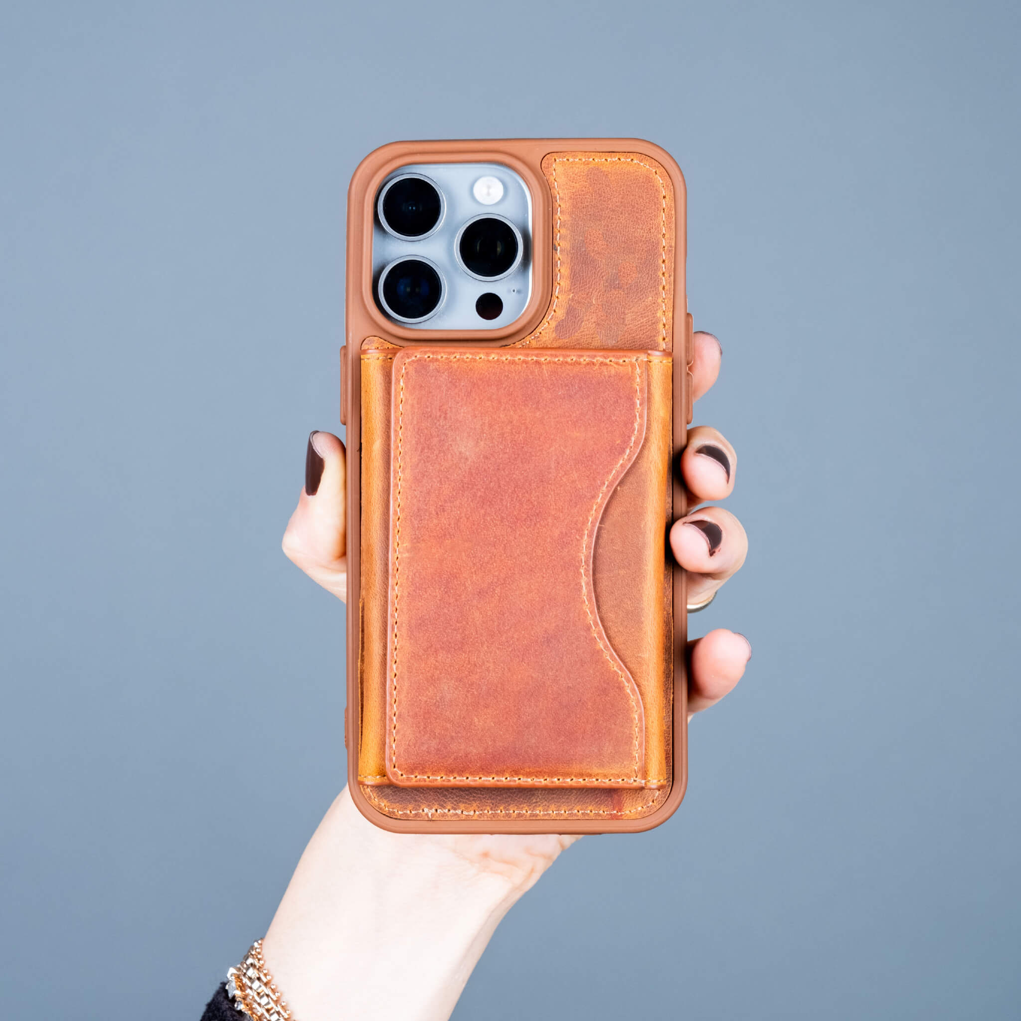 Light brown leather phone case with a wallet