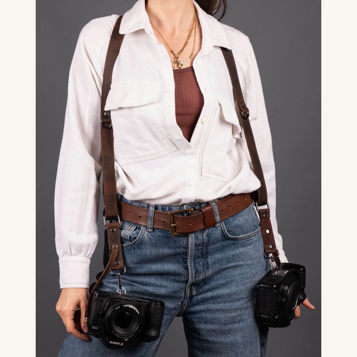 Personalized Leather Dual Camera Harness