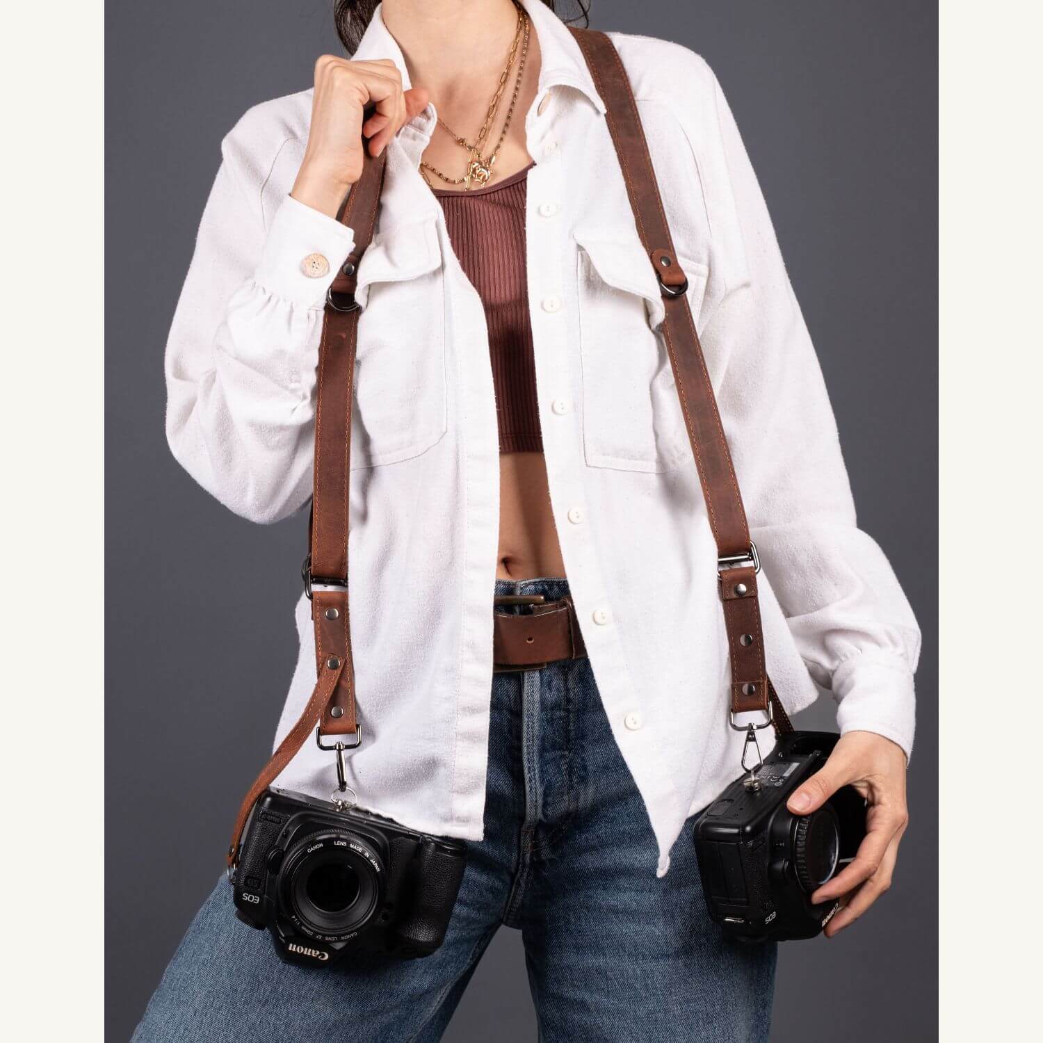 Personalized Leather Dual Camera Harness