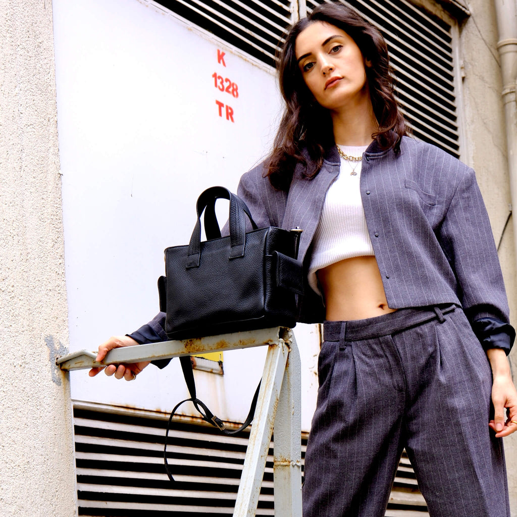 black leather handbag