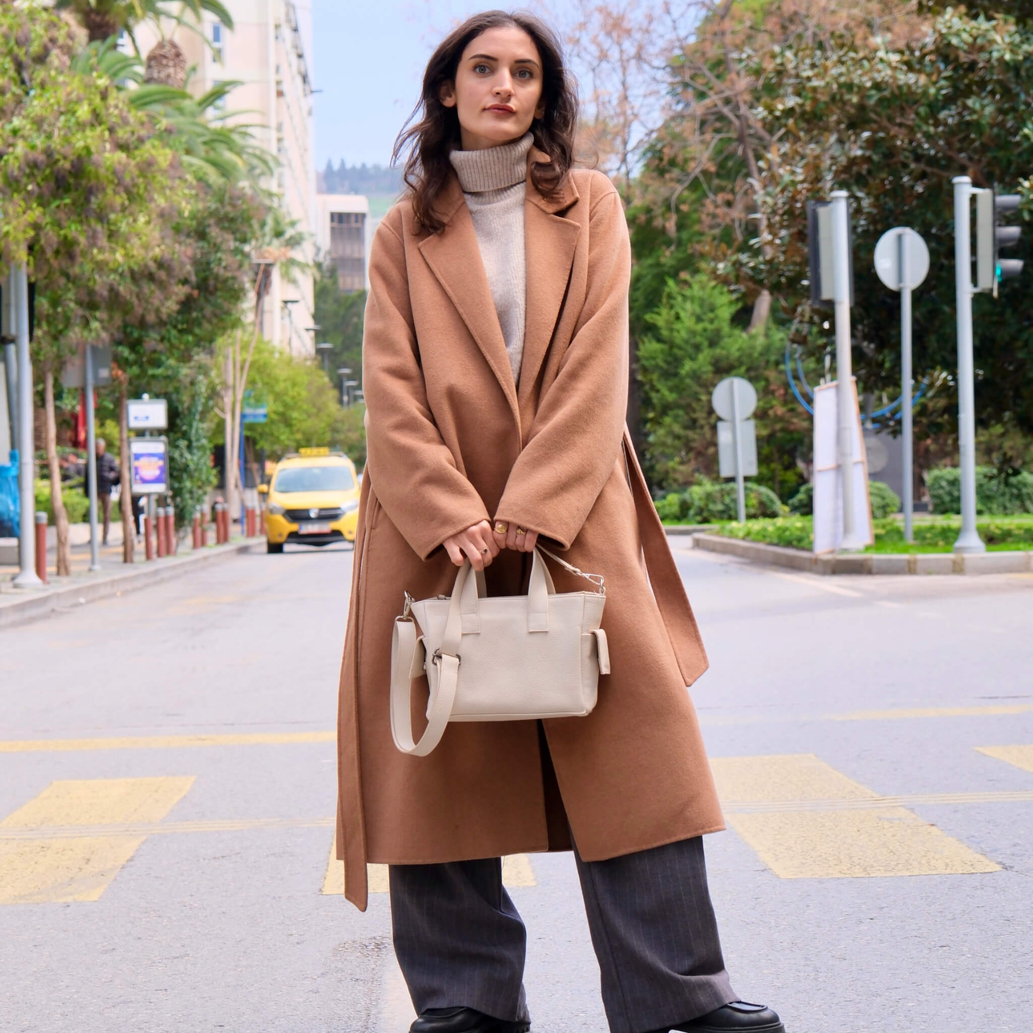 white leather handbag
