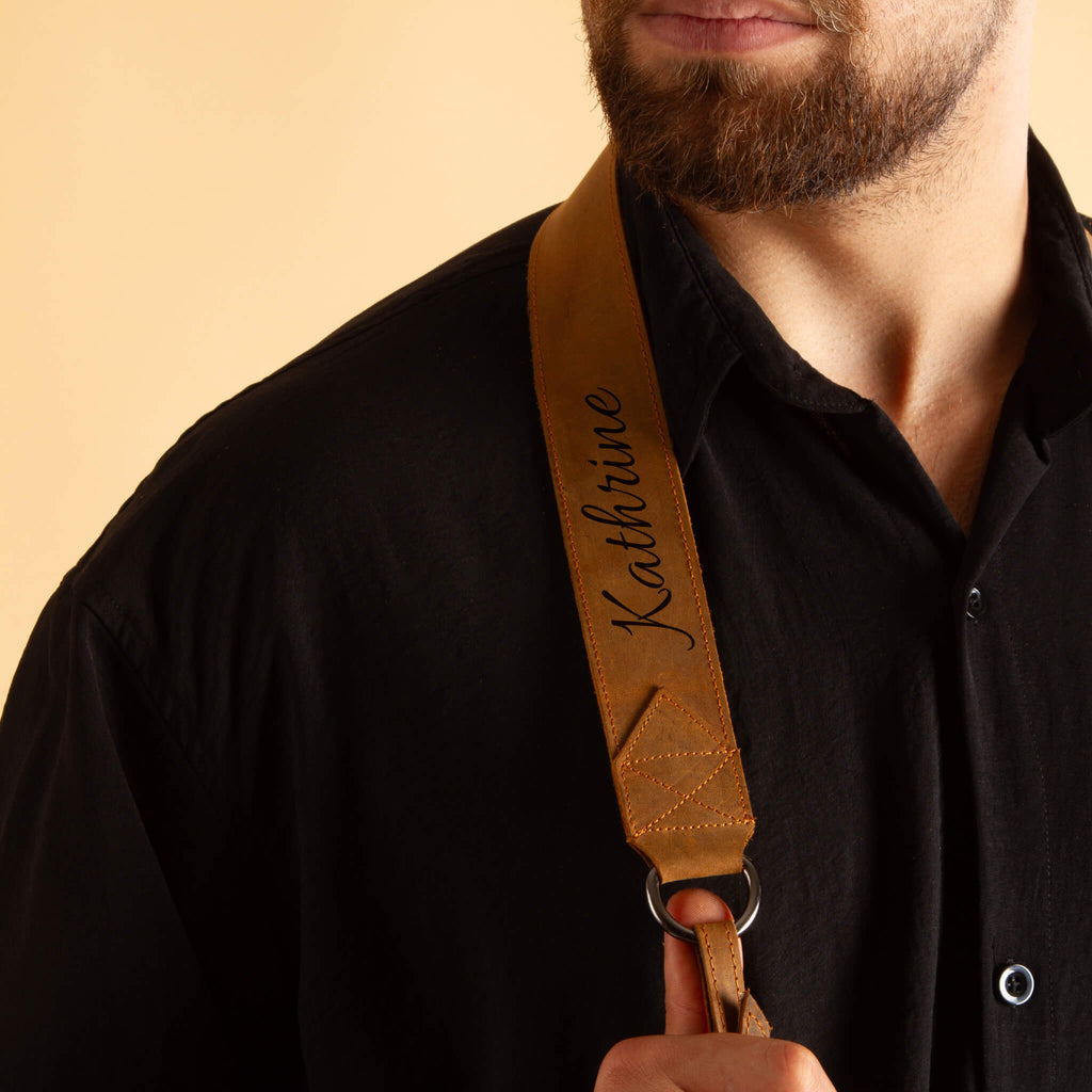 Brown leather camera strap